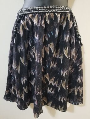 DVF Silk Skirt Black Abstract Textured Print Flowy A-Line Textured Waistband S